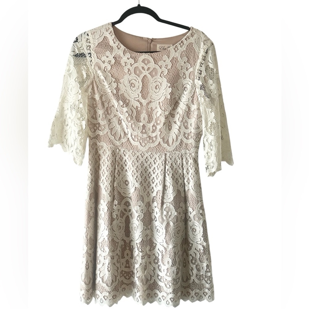 Eliza J Size 8 Dress Off White Lace Fit & Flare Wedding Bride Special Occasion